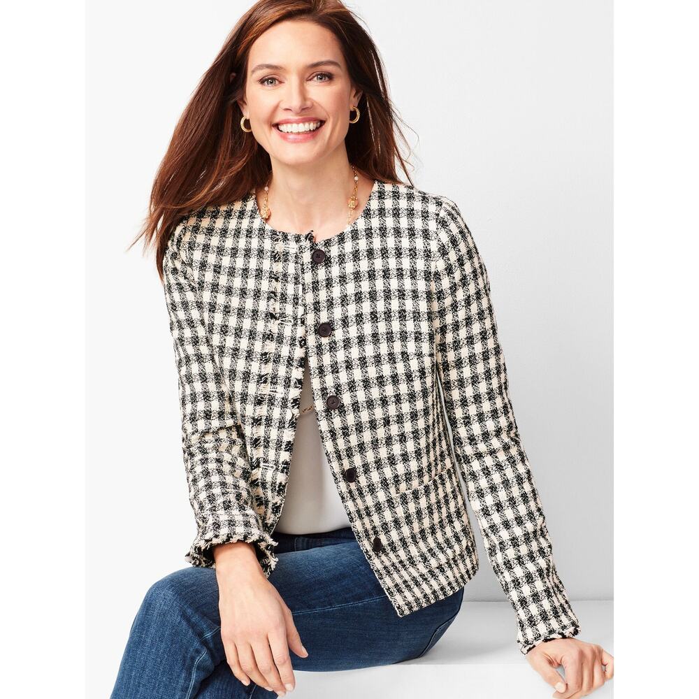 Talbots Gingham Tweed‎ Fringe Jacket Button Front Patch Pockets Lined Women's 6